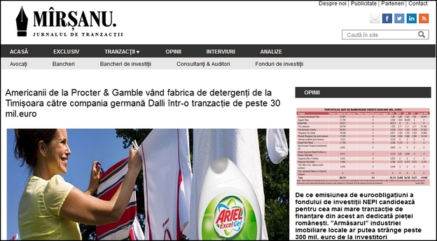 Captura articolului publicat pe 12 noiembrie de jurnalul de tranzacții MIRSANU.RO care anunța în premieră vânzarea fabricii de detergenți de la Timișoara de către P&G către Dalli din Germania