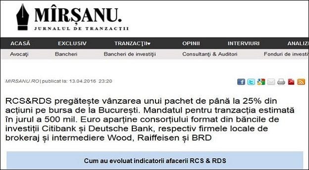 Captură site cu articolul publicat de jurnalul de tranzacții MIRSANU.RO pe 13 aprilie 2016 privind listarea afacerii RCS & RDS pe bursa de la București
