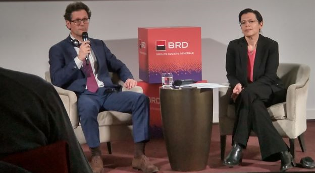Maria Rousseva (dreapta), noul CEO al BRD Groupe Societe Generale, la prima sa conferinta de presa pe 8 februarie 2024. Credit foto: MIRSANU.RO.