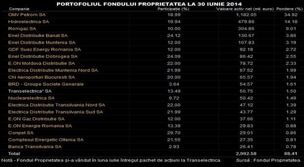 Tabelul prezentat mai sus include cele mai mari dețineri din portofoliul Fondului Proprietatea. În total, FP avea la 30 iunie 58 de companii în portofoliu.